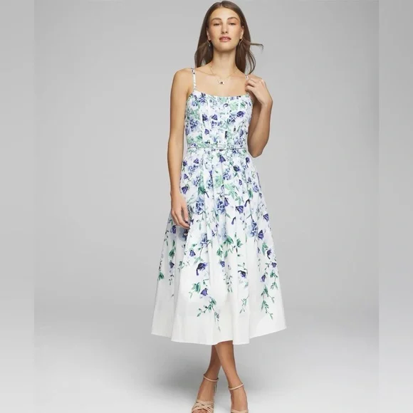 White House Black Market Smocked Floral Belted Dress Size 10 - Picture 2 of 9